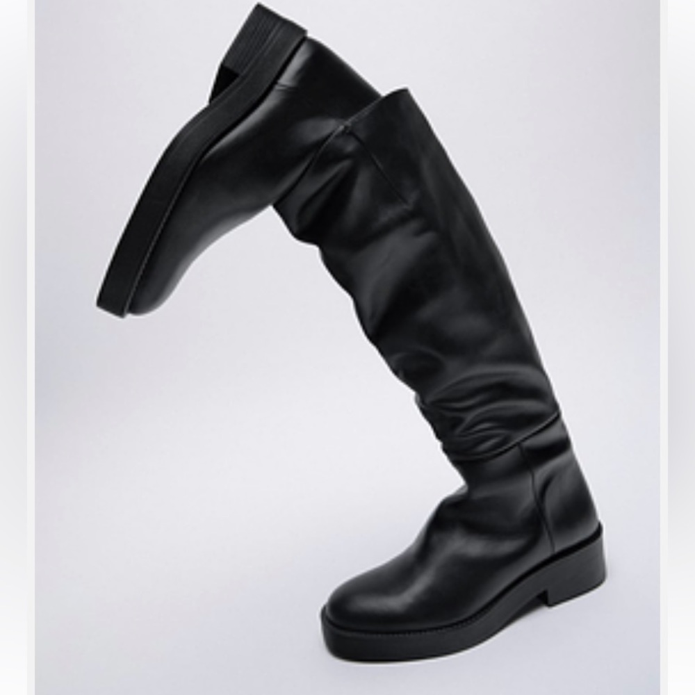 NEW ZARA AIRFIT LOW HEELED LEATHER BLACK BOOTS SZ 8 - Picture 4 of 7